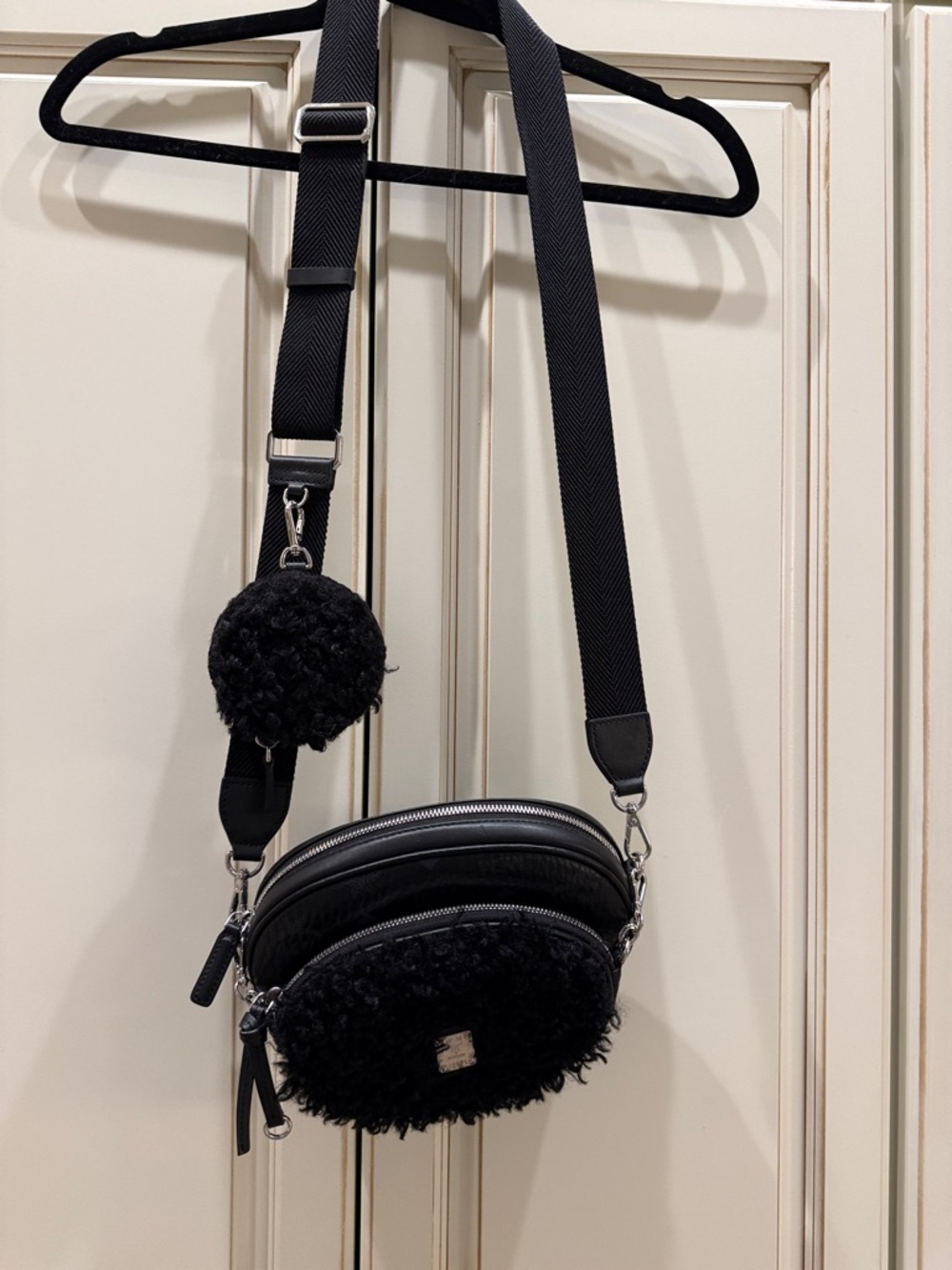 Black Faux Shearling Crossbody Bag with Pom Pom